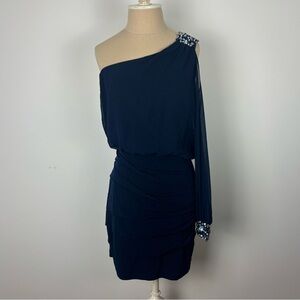 Jodi Kristopher Dress Navy One Shoulder Jewels Sheer Lined M